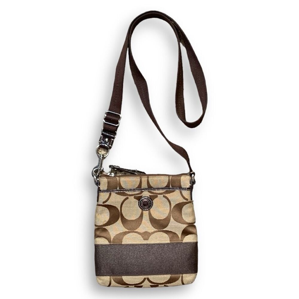 Coach Signature Stripe Tan Brown Crossbody Swingpack Shoulder Bag Casual Purse